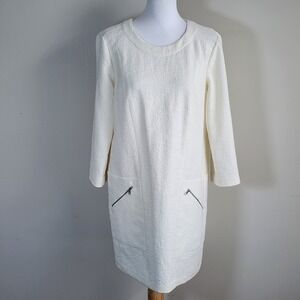 BCBG Lexia Dress Womens Medium Off White Boucle Zip Pocket Shift Event Formal